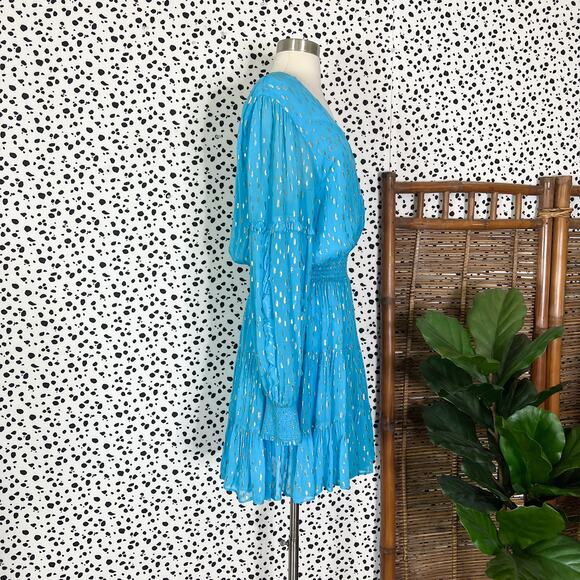 Lilly Pulitzer | Heline Turquoise Blue Gold Polka Dot Ruffle Plus Size Dress 16 - Picture 6 of 13